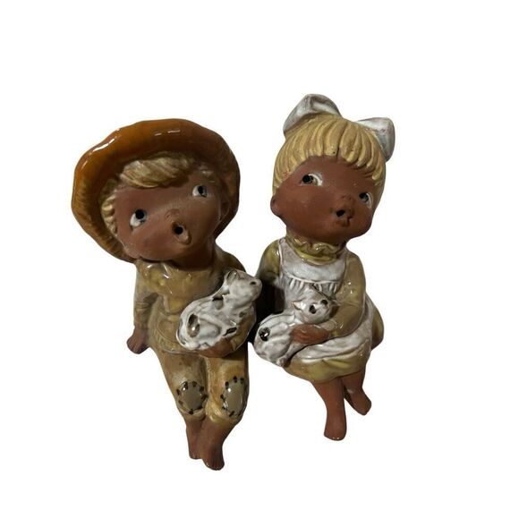 Vintage Handmade Ceramic Seated Boy & Girl with Cats 6" Tall - Picture 1 of 9